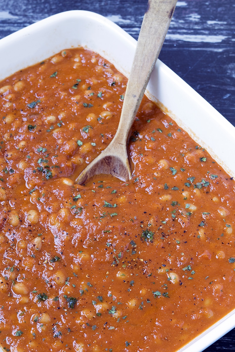 homemade baked beans in roasting dish