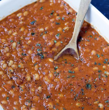 homemade baked beans in roasting dish