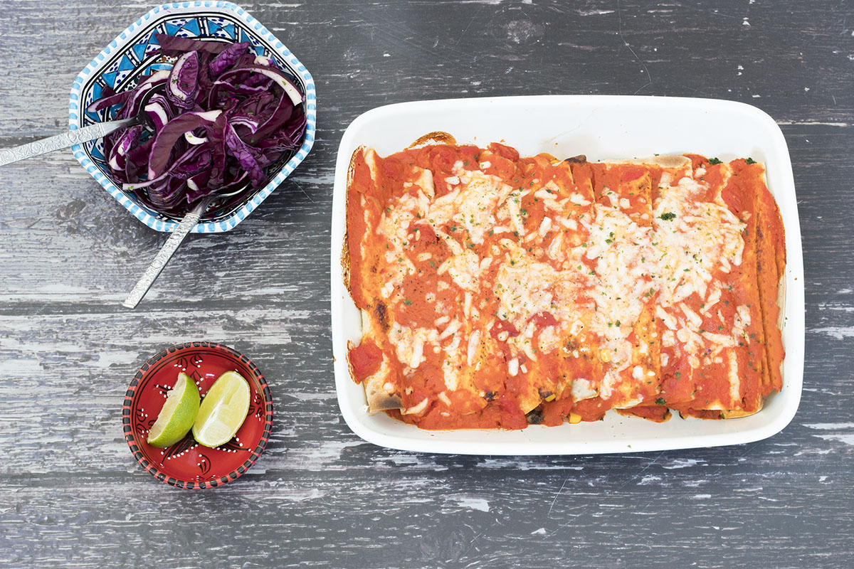 overhead shot of black bean enchiladas