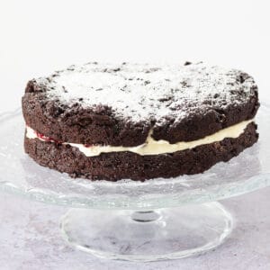 chocolate beetroot cake on glass stand