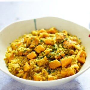 red lentil, sweet potato and coconut curry in bowl