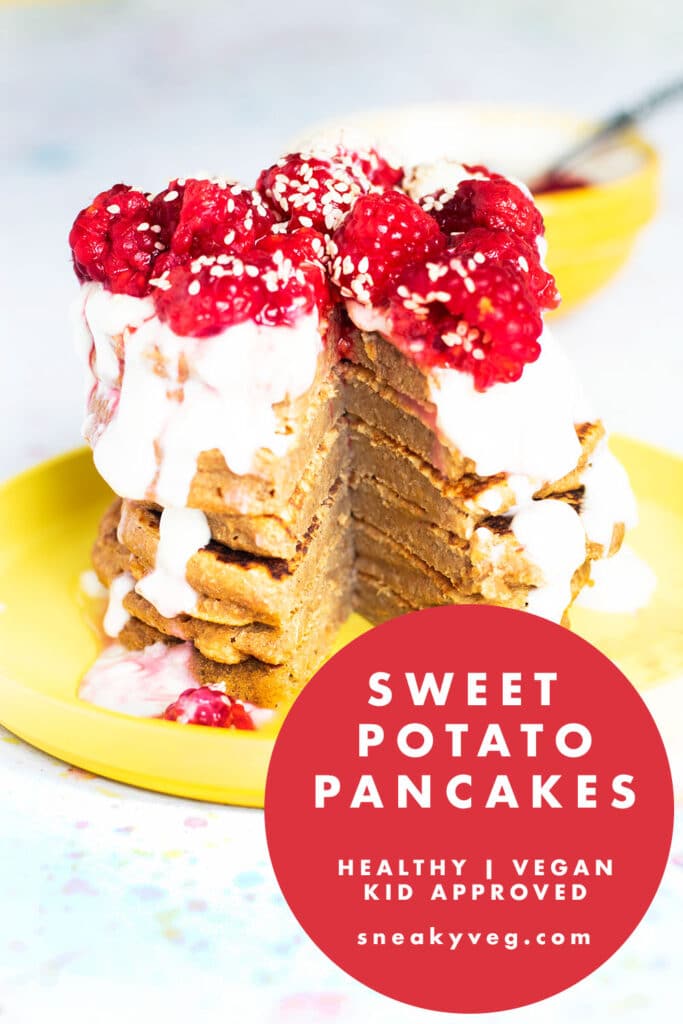 stack of sweet potato pancakes on yellow plate with yoghurt and raspberries