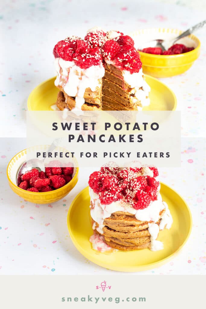 stack of sweet potato pancakes on yellow plate with yoghurt and raspberries