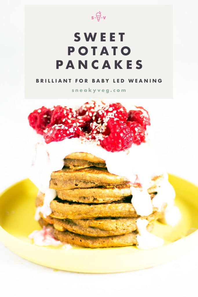 stack of sweet potato pancakes on yellow plate with yoghurt and raspberries