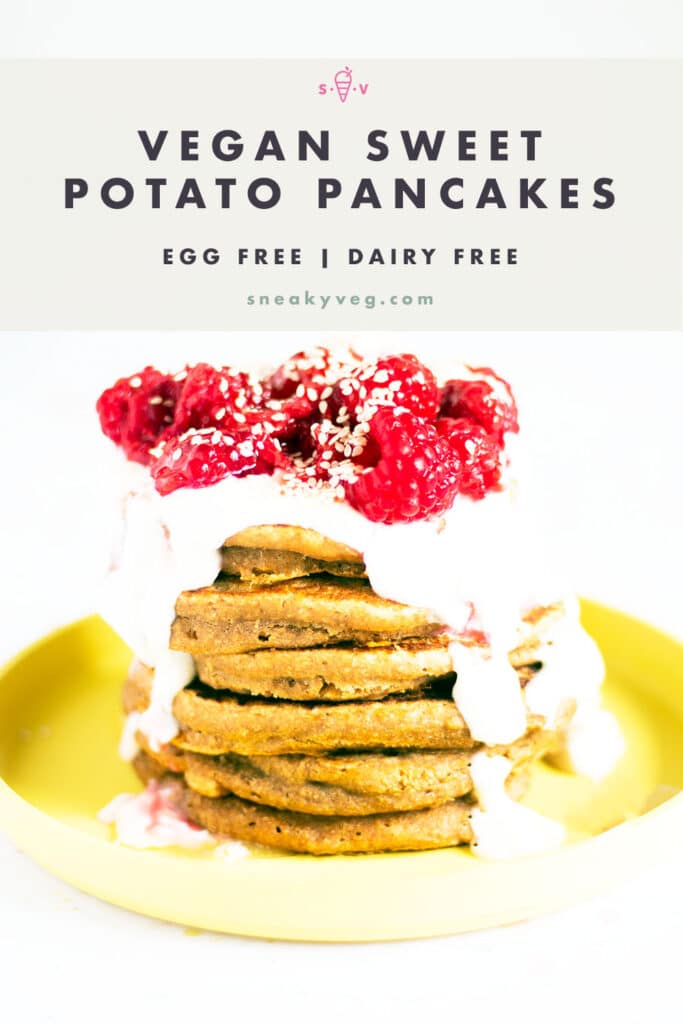stack of sweet potato pancakes on yellow plate with yoghurt and raspberries