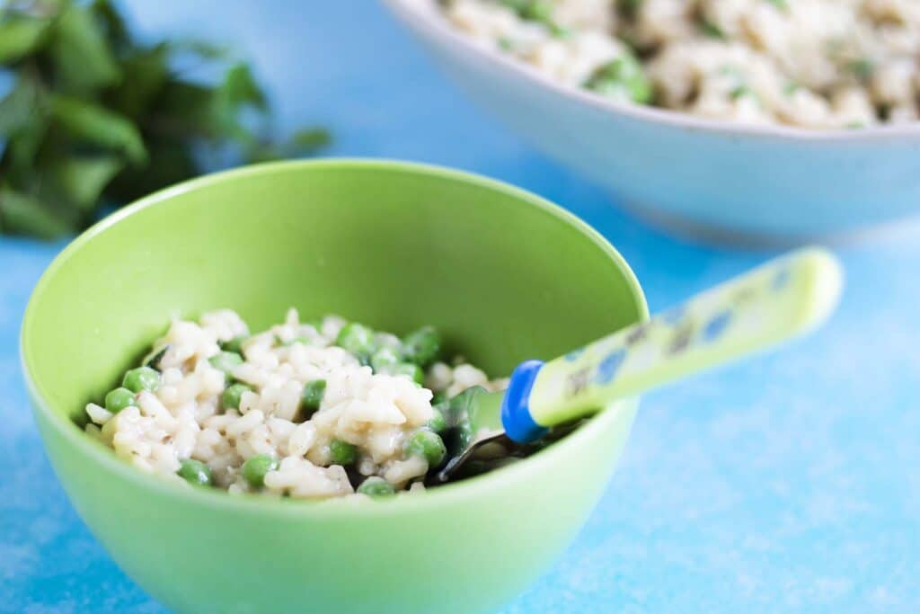 pea and mint risotto in bowls