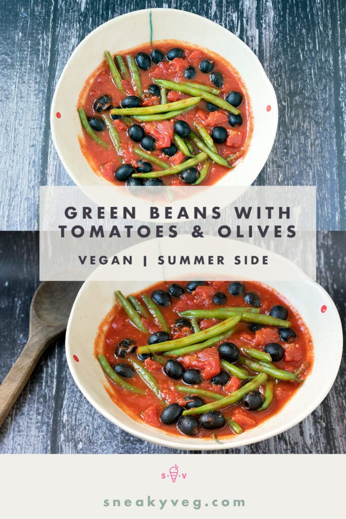 green beans in ceramic bowl with tomato sauce and olives