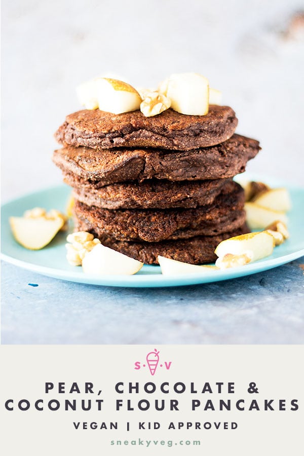 stack of pear, chocolate and coconut flour pancakes on blue plate