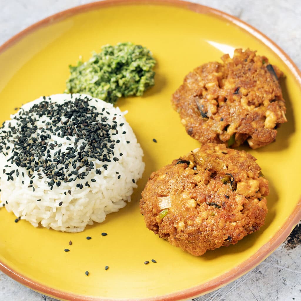 Koreanstyle mushroom and tofu patties with coriander pesto Sneaky Veg