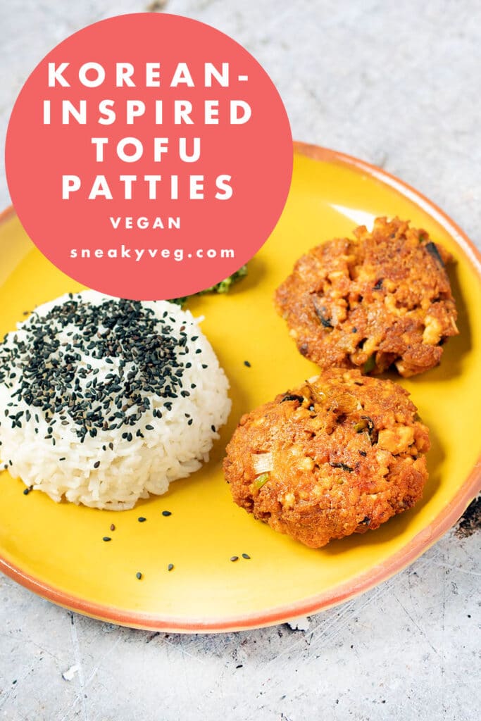 Korean-inspired tofu patties on yellow plate with rice and coriander pesto