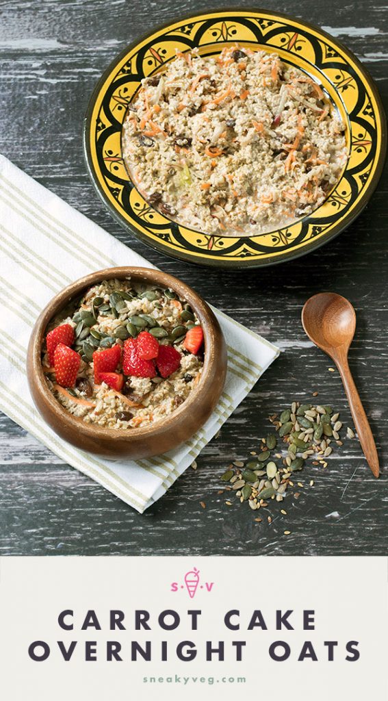 carrot cake over night oats in bowls with strawberries