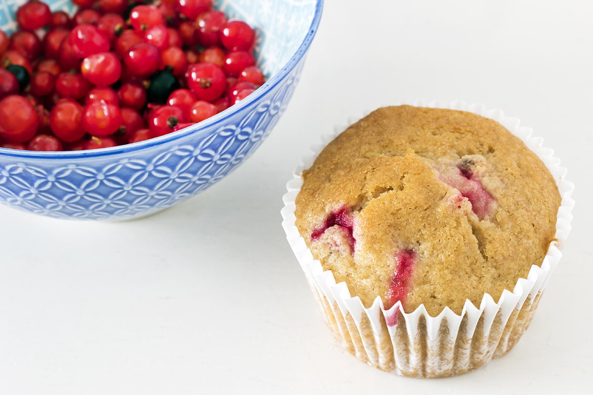 close up of a redcurrant muffin and blue bowl with redcurrants