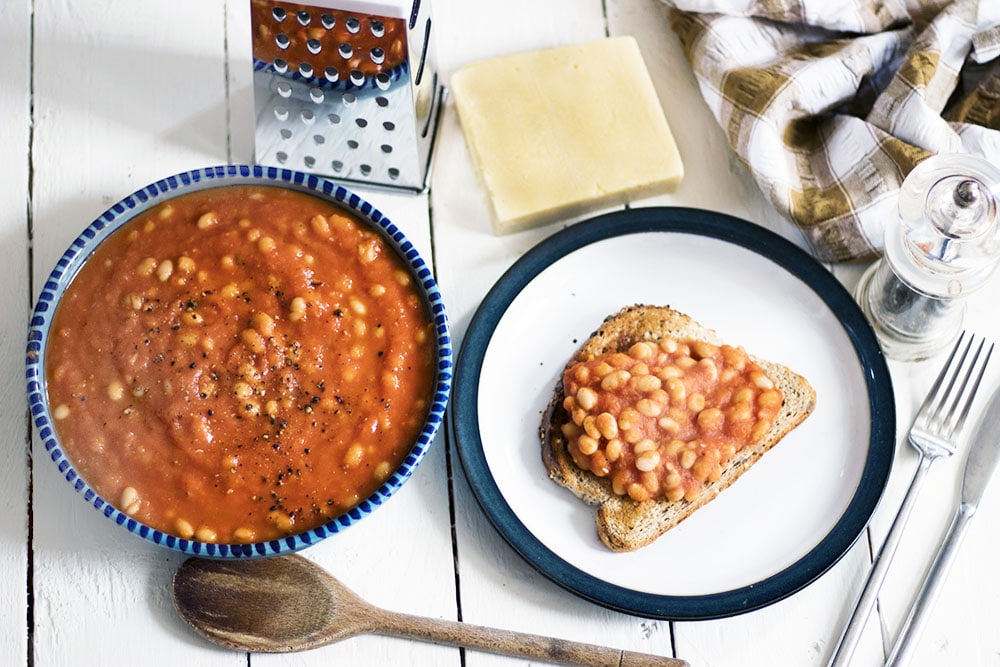 stovetop baked beans in bowl and on toast by sneaky veg