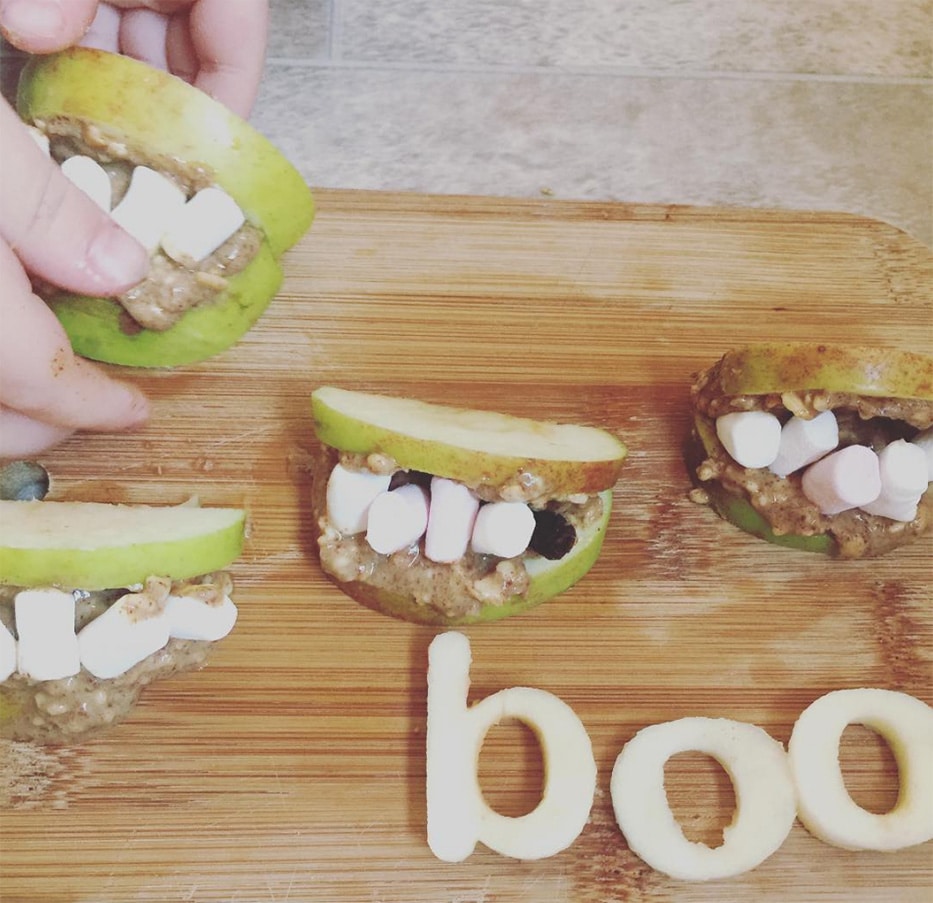 Monster mouths and apple letters by Whole Family Food - healthy halloween treats