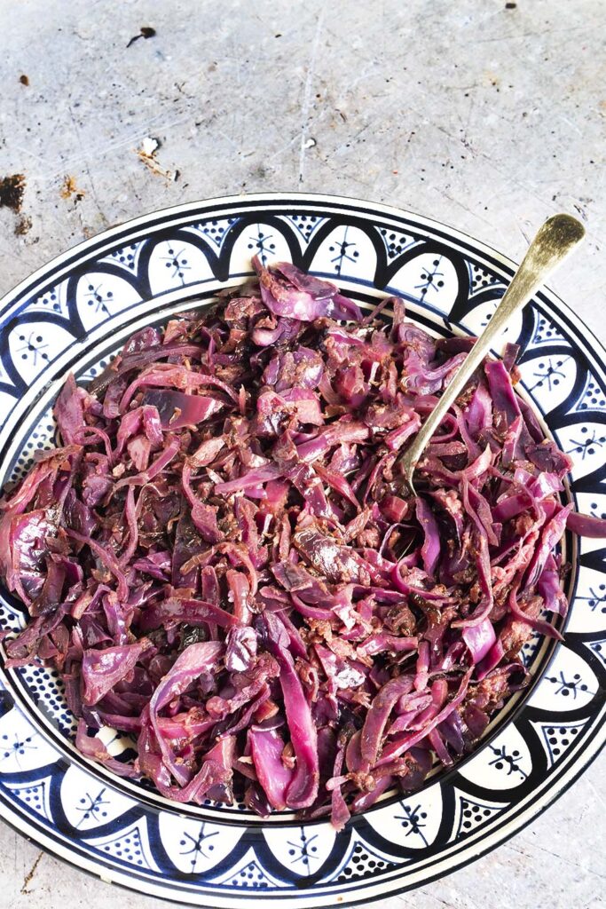 Christmas red cabbage in blue and white bowl