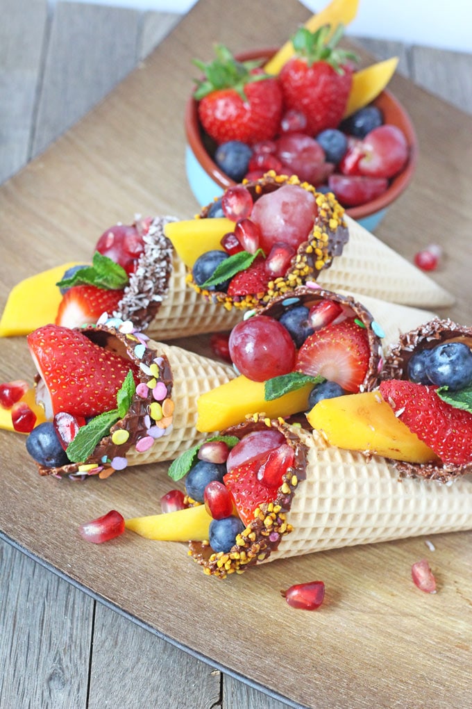 chocolate dipped fruit cones - healthy kids party food