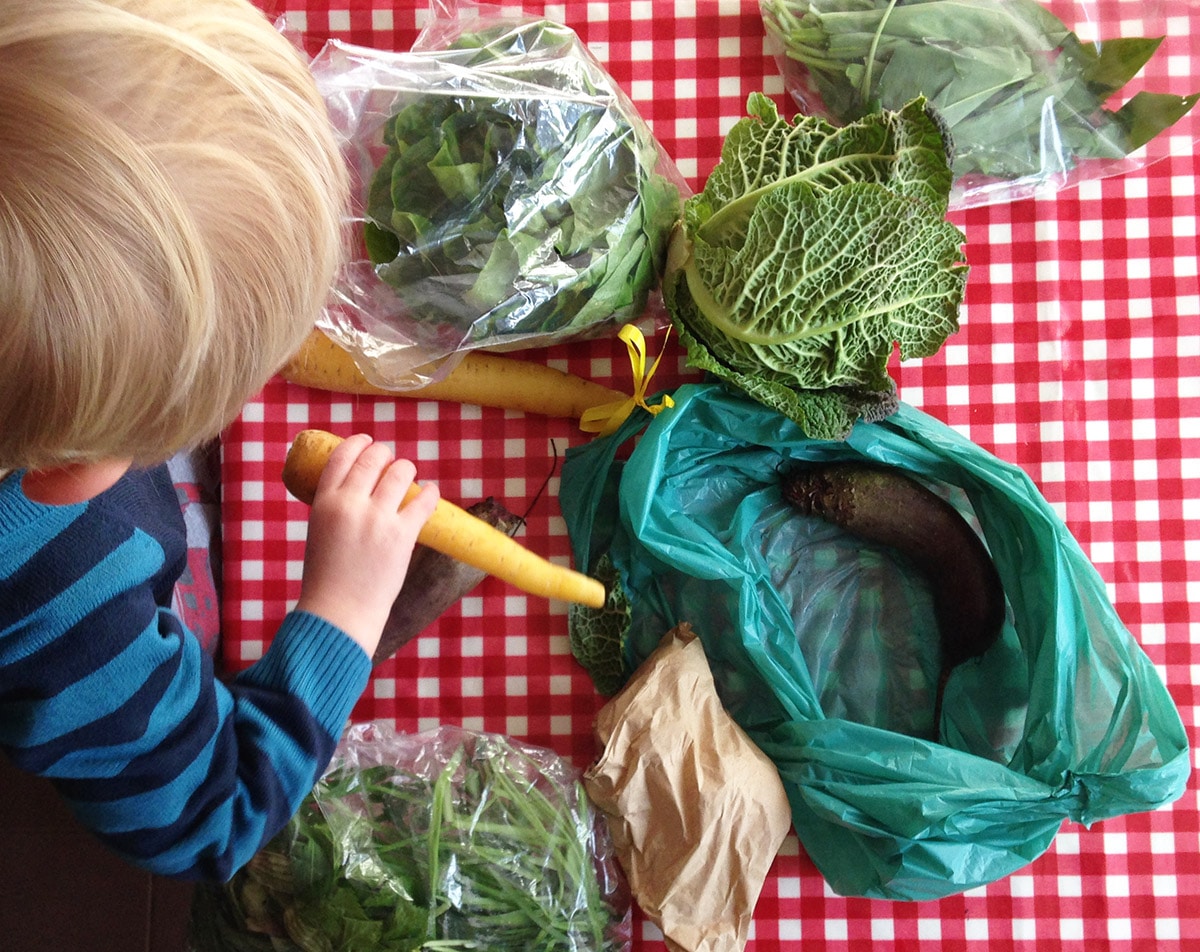 child unpacking vegetable bag