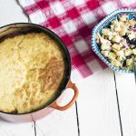 vegetarian chili with cornbread topping and pineapple salsa