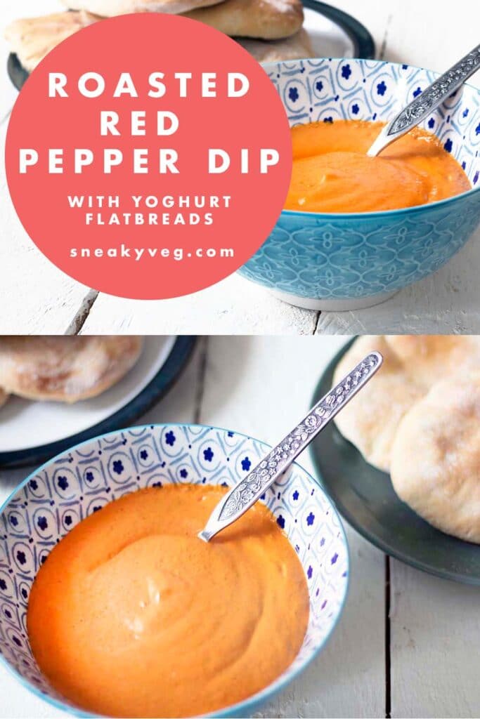 red pepper dip in bowl with flatbreads