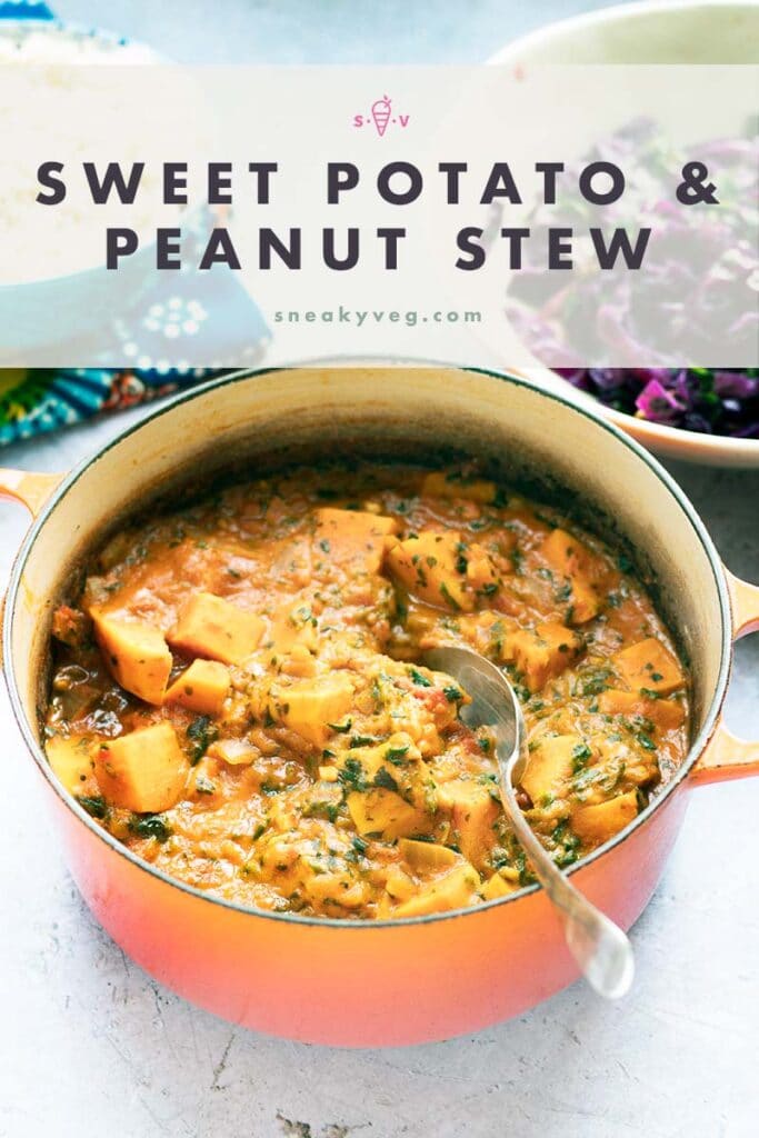 sweet potato and peanut stew in cast iron pan