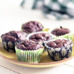 chocolate and courgette muffins on yellow plate