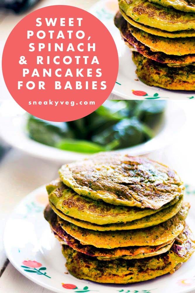 stack of sweet potato, spinach and ricotta pancakes on plate