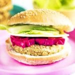 sweetcorn and chickpea burger on plate with fillings