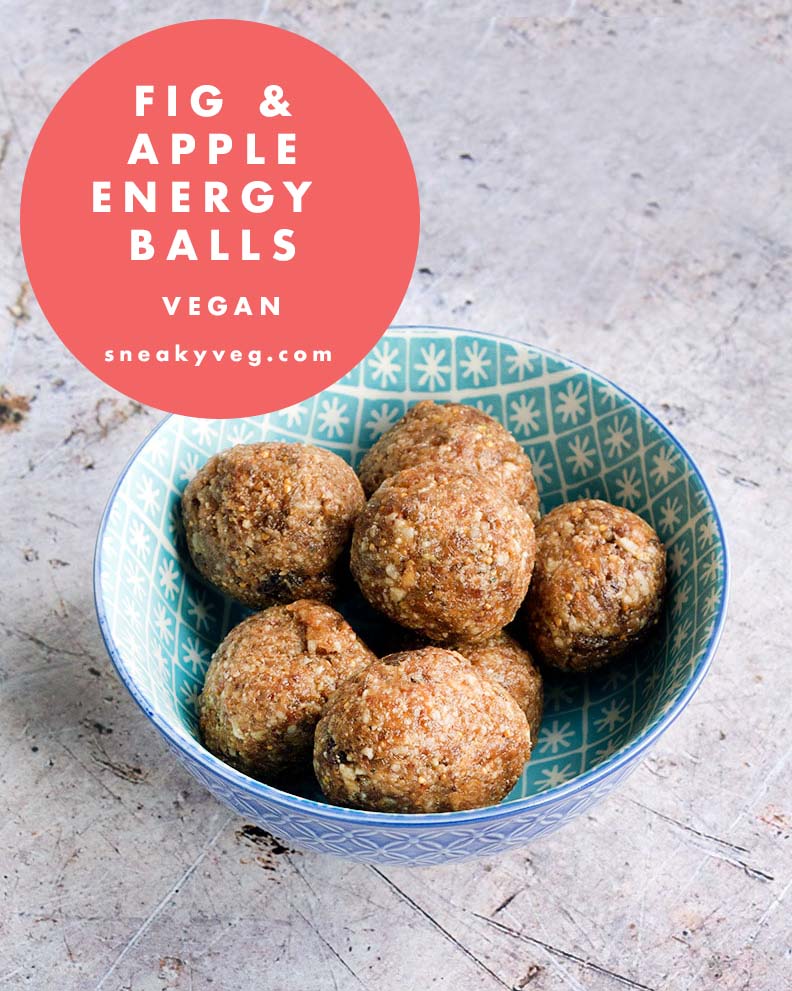 fig and apple energy balls in blue bowl