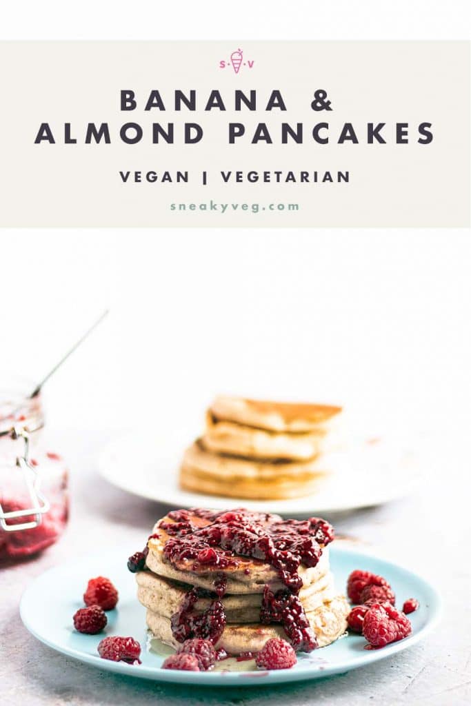stack of banana almond pancakes with berry topping