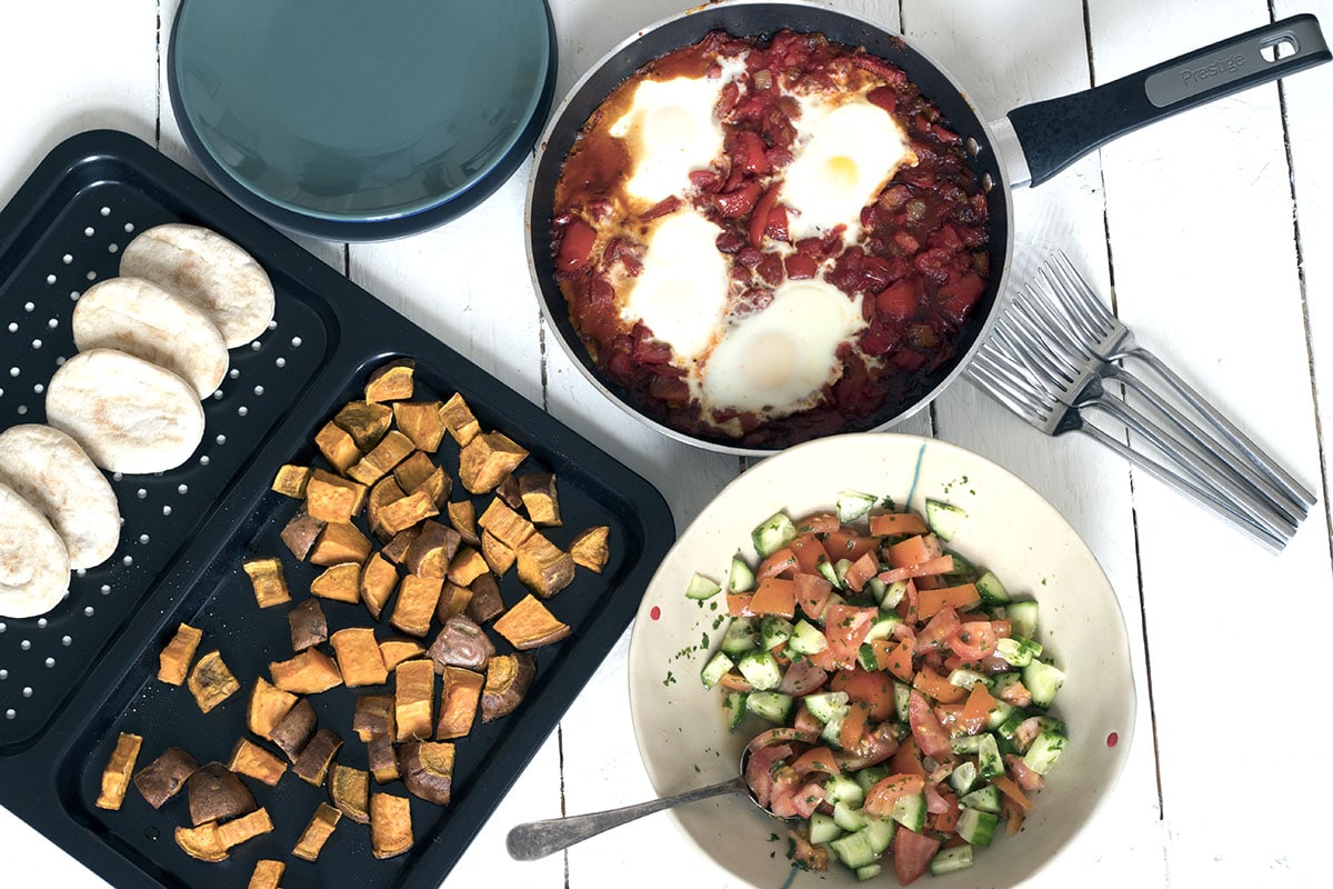shakshuka, israeli salad, sweet potatoes, pitta bread and 10 healthy breakfast ideas for kids