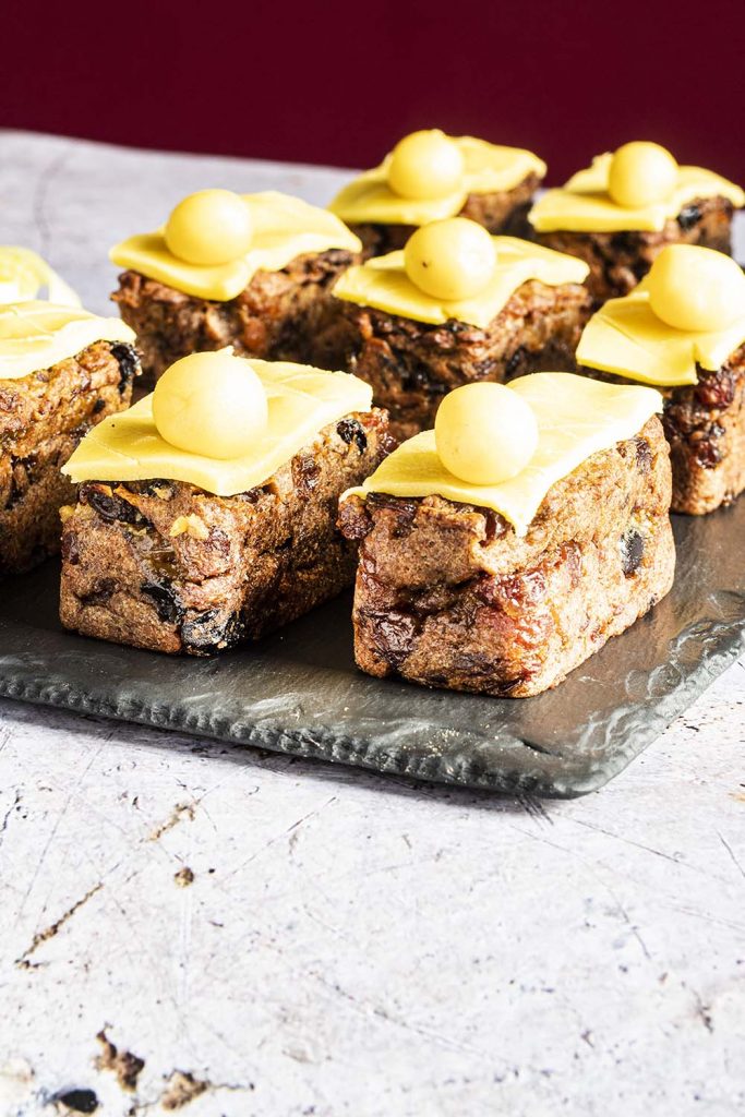 mini simnel cakes on slate plate