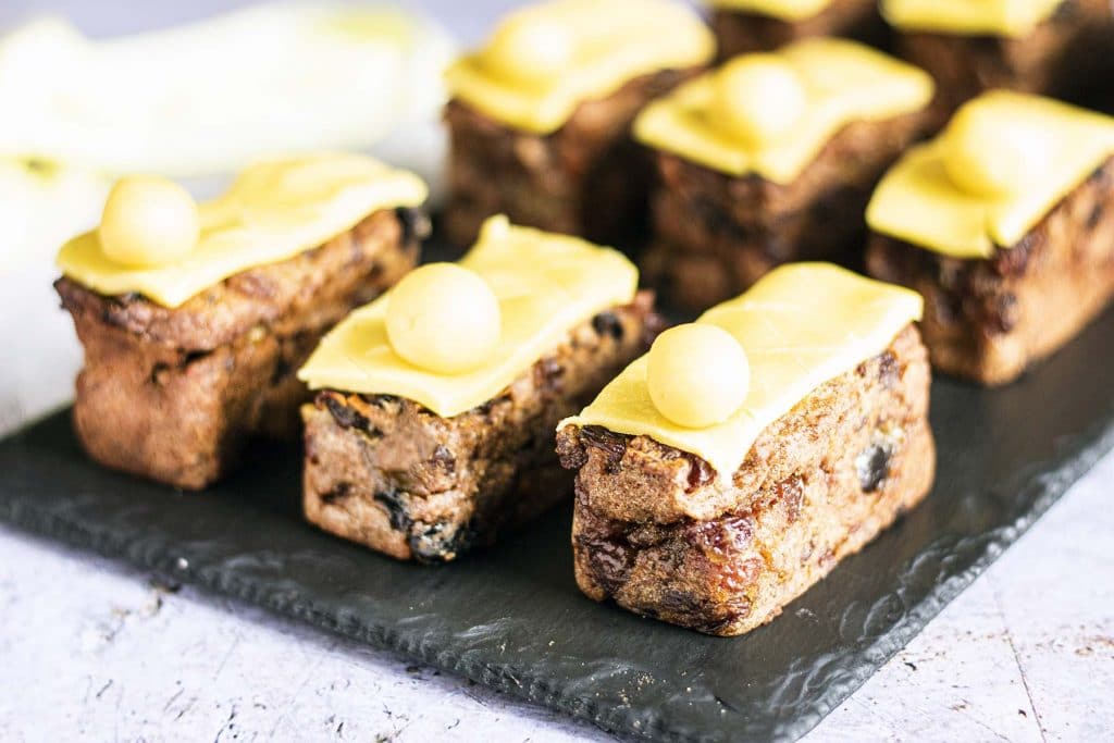 mini simnel cakes on slate plate