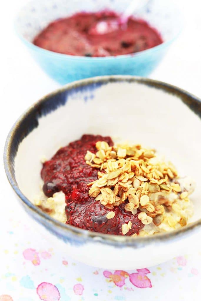 berry chia jam and granola in bowl