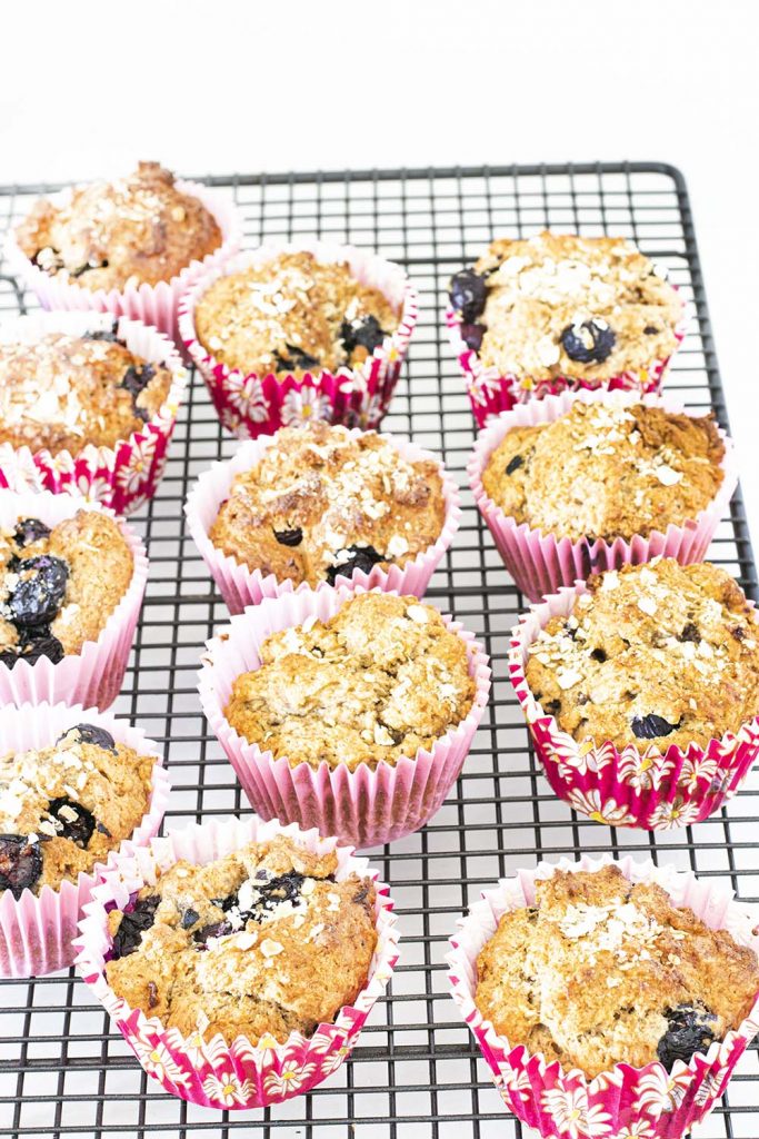vegan yoghurt muffins with blueberry on cooling rack