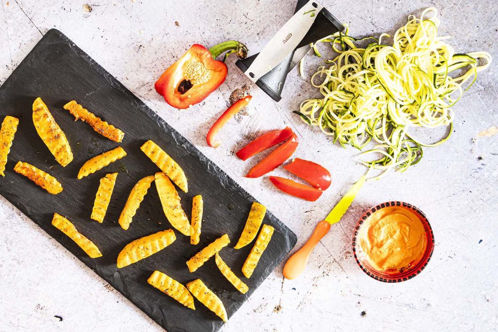 spiralised courgette, butternut fries and chopped peppers