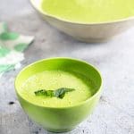 pea and mint soup in green bowl