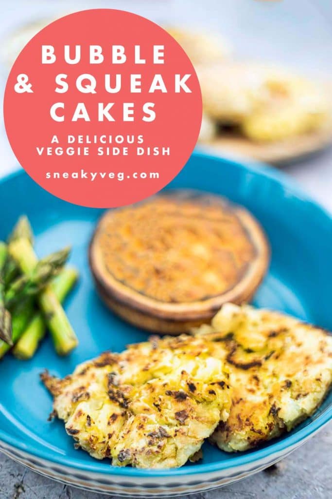 bubble and squeak cakes on plate with pie and asparagus
