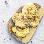 bubble and squeak cakes on wooden board