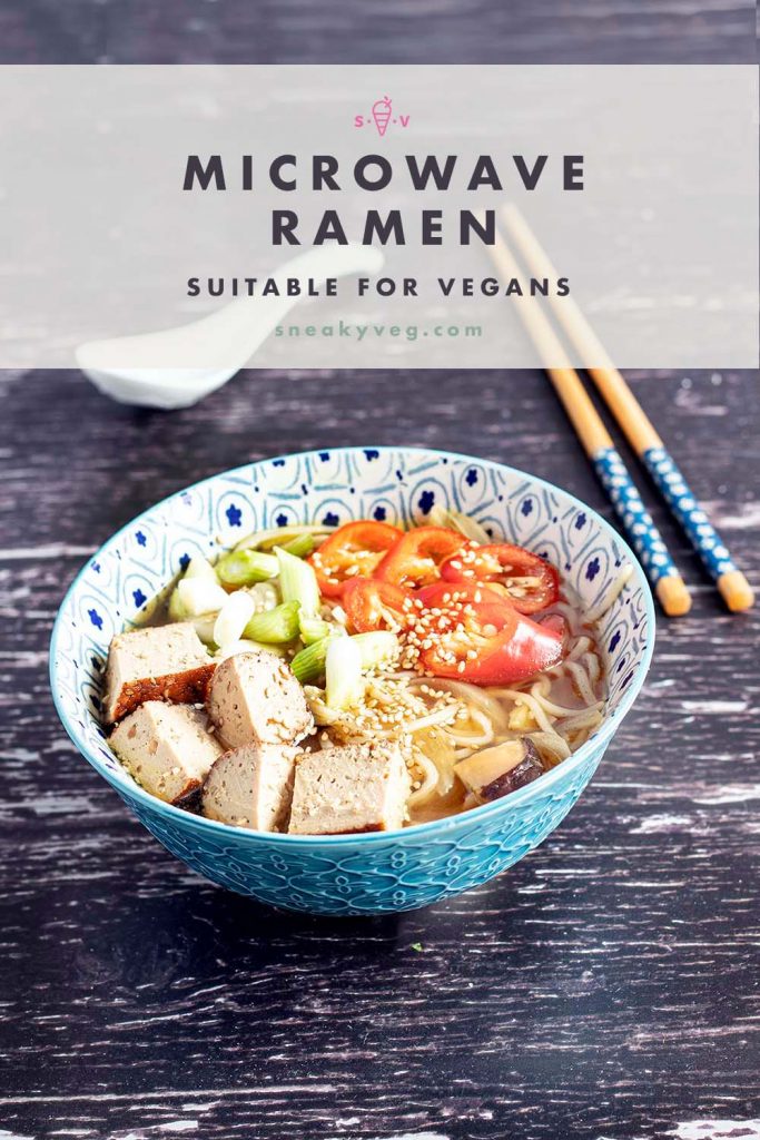 ramen in blue and white bowl