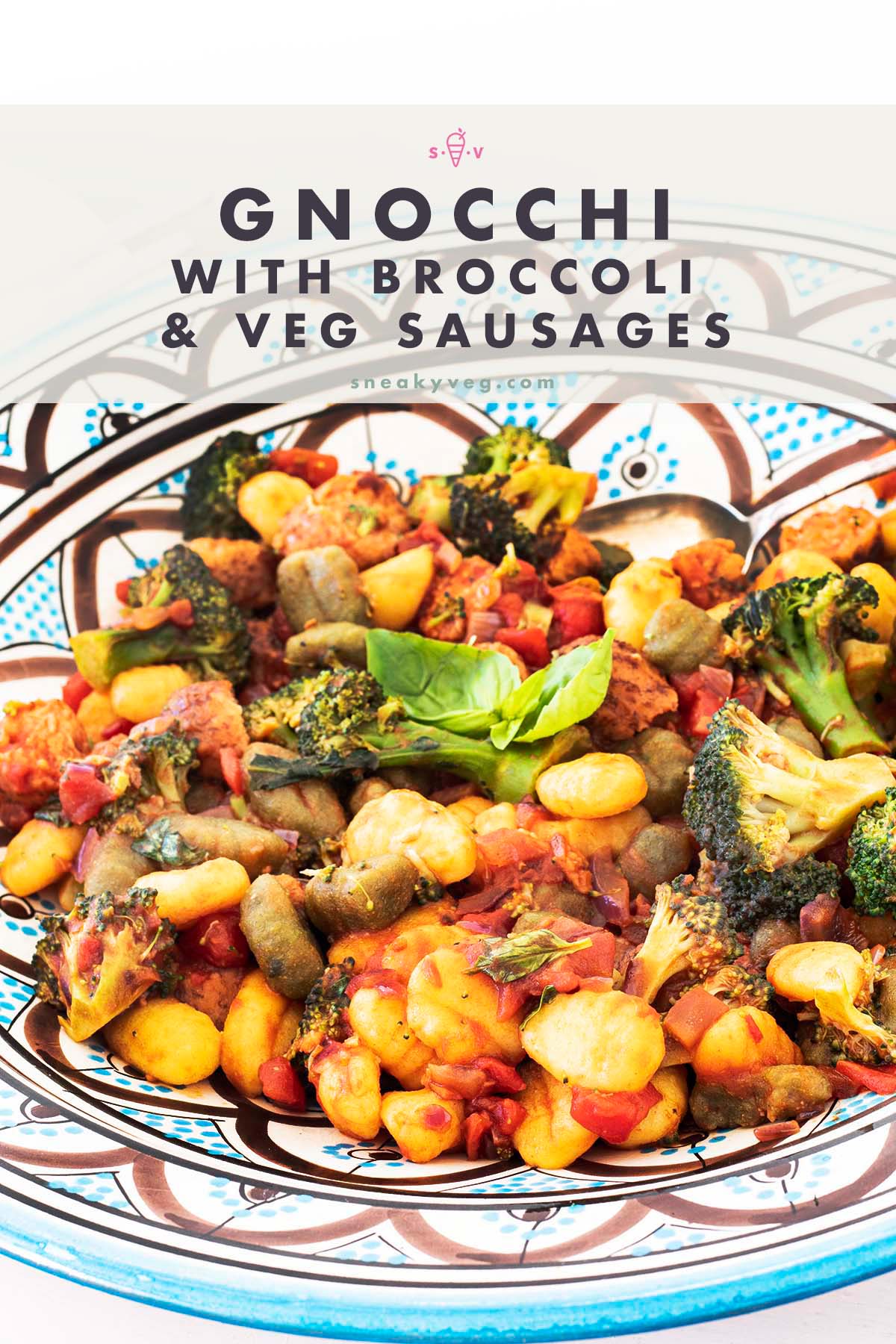 gnocchi with broccoli and vegetarian sausages in blue and white bowl
