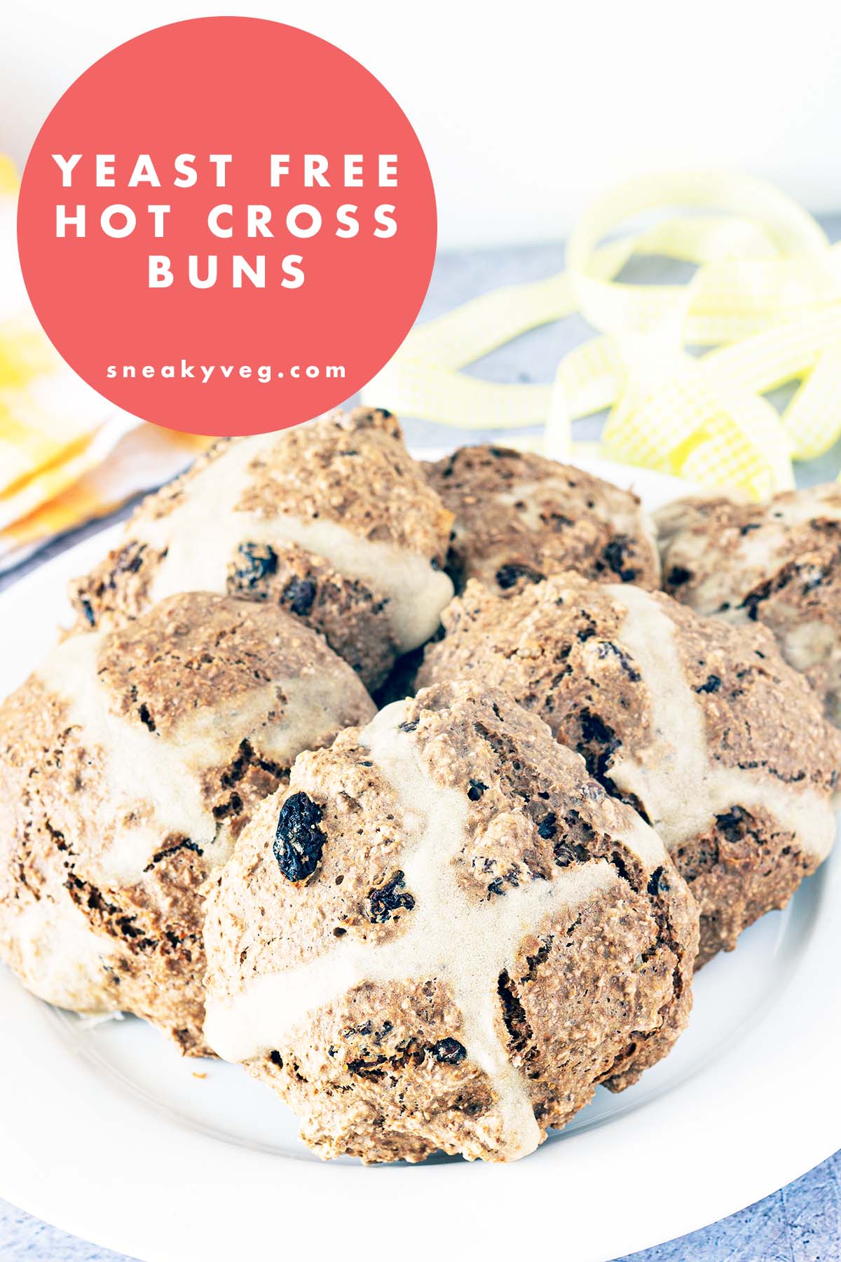 quick yeast free hot cross buns on plate