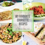 photos of different courgette recipes including fritters, zoodles, courgette curry and courgette cake