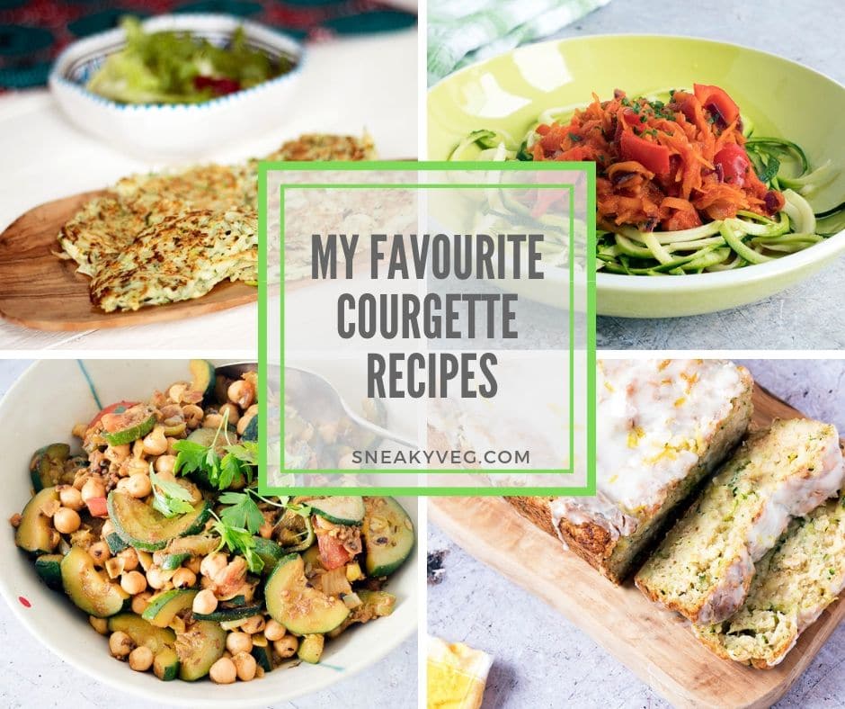 photos of different courgette recipes including fritters, zoodles, courgette curry and courgette cake