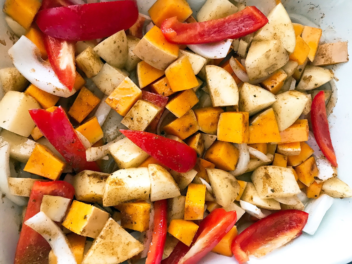 chopped onion, garlic, ginger, potato, squash, red pepper