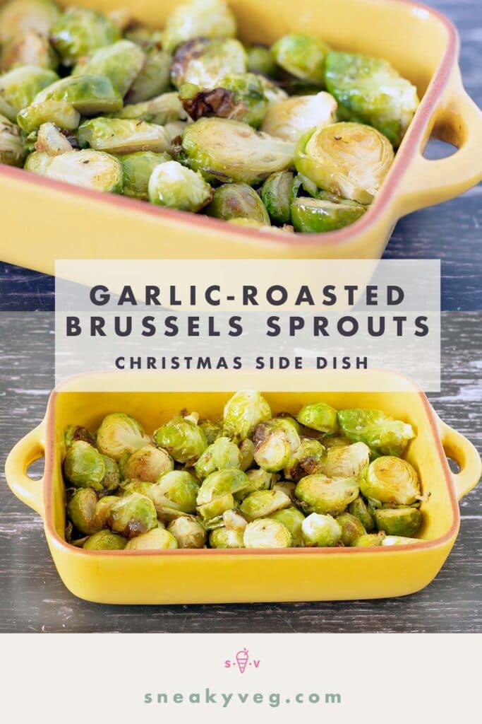 two separate shots of roasted brussels sprouts in yellow baking dish