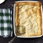 vegan chicken and leek pie in roasting dish