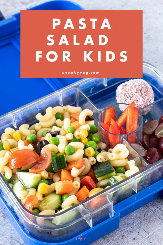 pasta salad in blue lunchbox