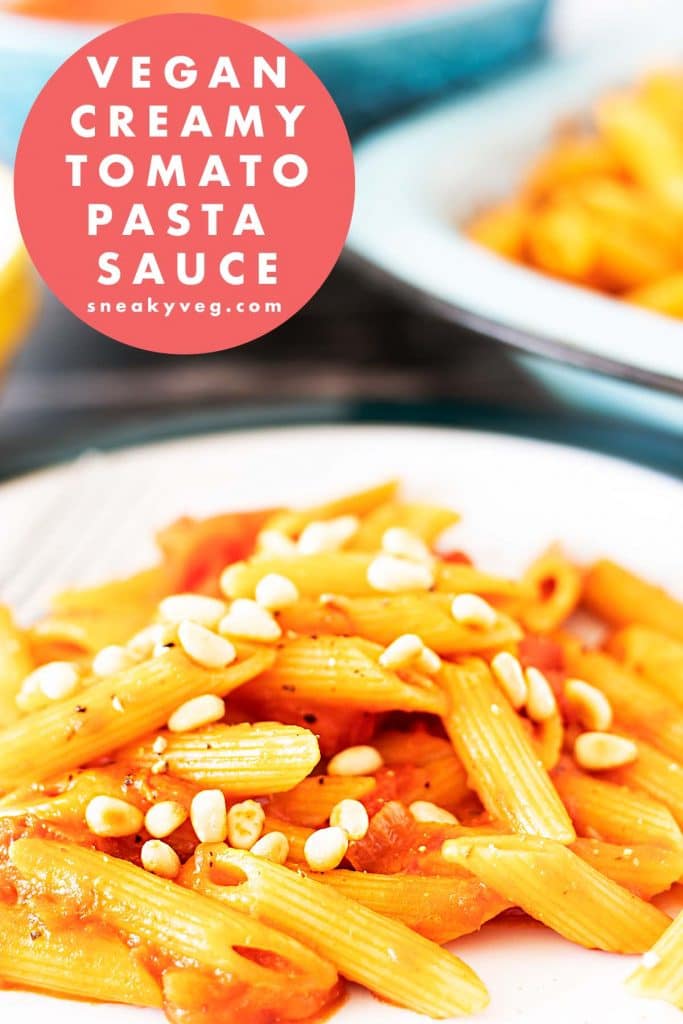 creamy tomato sauce with penne pasta on white plate