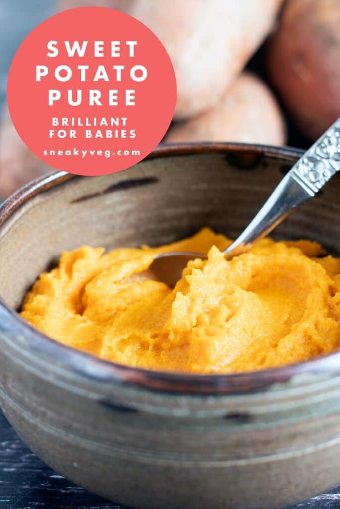 Sweet Potato Purée in bowl with sweet potatoes in background