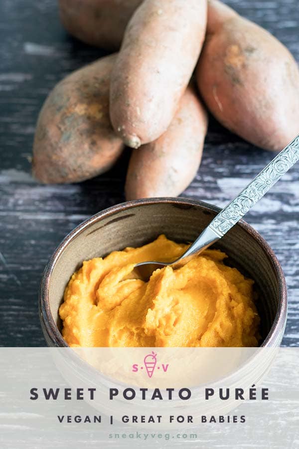 sweet potato puree in brown bowl with sweet potatoes in background